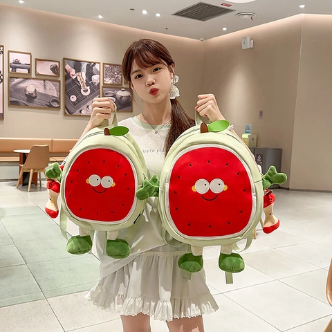 Cartoon Obst Rucksack Nylon Leicht Schultasche Für Mädchen Süßes Modedesign Mit Plüsch Anhänger Accessoire