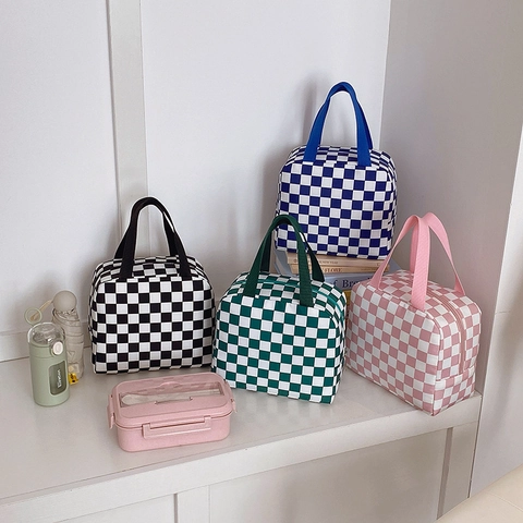 Checkerboard Insulated Lunch Bag Nylon Portable Handbag Large Capacity Meal Tote For Work School Picnic Korean Style