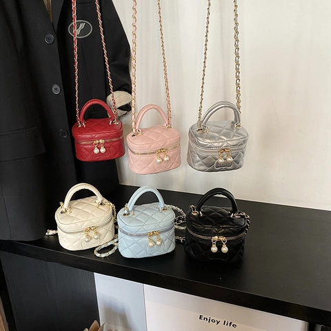 Mini Bolso Bandolera Acolchado Para Niños Cuero PU Perla Artificial Cremallera Cadena Bolso De Hombro Moda Tocador Para Niñas