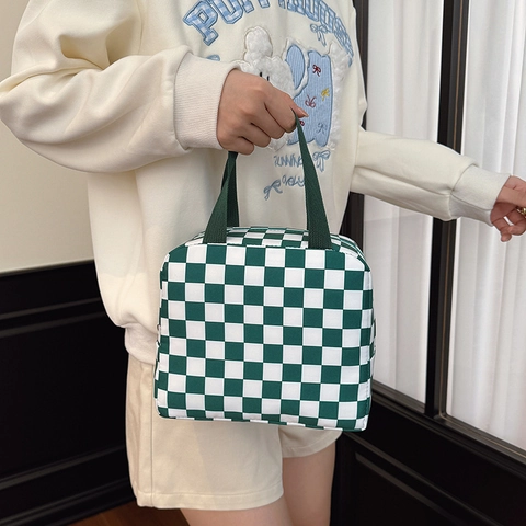 Checkerboard Insulated Lunch Bag Nylon Portable Handbag Large Capacity Meal Tote For Work School Picnic Korean Style
