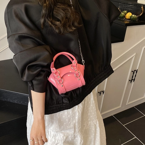 Sac À Épaule Pour Filles En Cuir Verni Avec Chaîne Métallique Style Punk Anneaux Rivets Mini Sac À Main