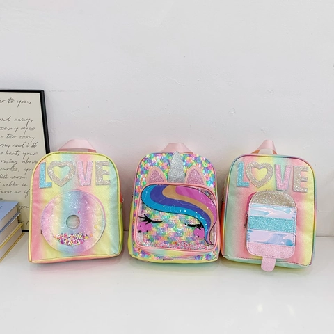 Kinder Rucksack PU Pailletten Regenbogen Love Einhorn Donut Eis Kindergarten Mädchen Mini Schultasche