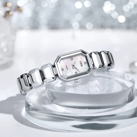 Orologio Al Quarzo Da Donna Cassa Ottagonale Quadrante In Madreperla Strass Cinturino A Maglie Geometriche Lega Impermeabile Moda