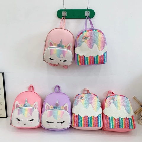 Kids Backpack PU Leather Sequin Unicorn Rainbow Cloud Cute Kindergarten School Bag For Toddler Girls Lightweight