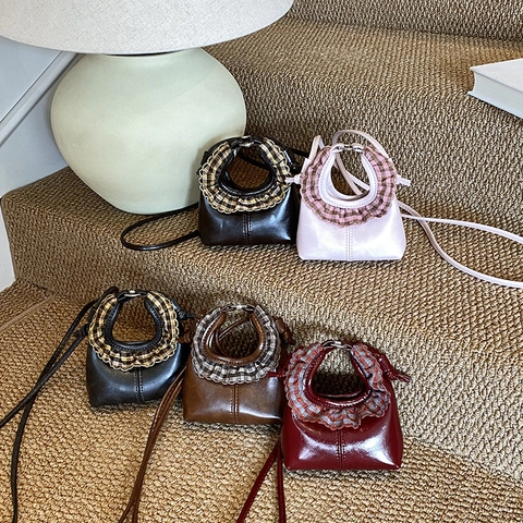 Mini Borsa A Tracolla Per Bambini Borsa A Mano In Pelle PU Con Finiture A Volant A Quadretti Accessorio Di Moda Vintage