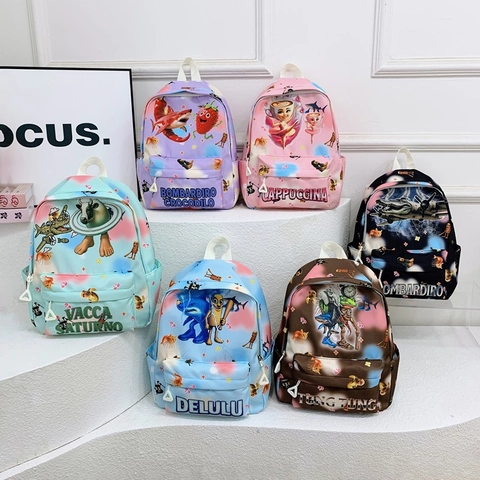 Kids Backpack Nylon Cartoon Print Schoolbag For Primary School Boys Girls Fashion Lightweight Durable Breathable