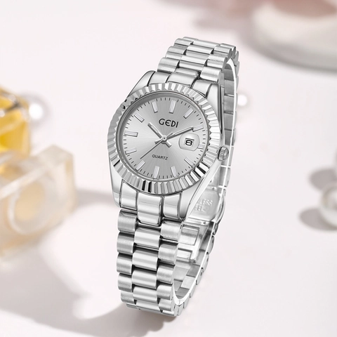 Reloj De Cuarzo Para Mujer Moda Correa De Acero Inoxidable Bisel Estriado Calendario Visualización Fecha Resistente Al Agua