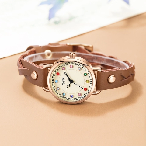 Women Quartz Watch Colorful Rhinestone Dial Braided Leather Strap With Rivets Rose Gold Case Retro Punk Style