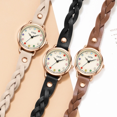 Women Quartz Watch Colorful Rhinestone Dial Braided Leather Strap With Rivets Rose Gold Case Retro Punk Style