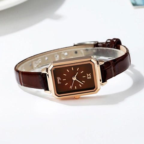 Women Quartz Watch Rectangular Rose Gold Alloy Case Crocodile Leather Strap Retro Elegant Style Dress Wristwatch For Women