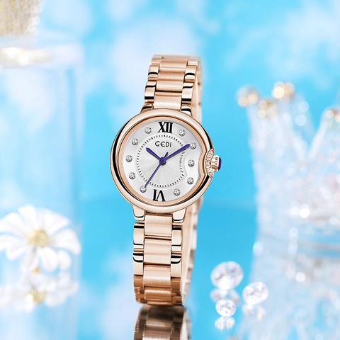 Women Quartz Watch Stainless Steel Solid Band Waterproof Rhinestone Roman Numerals Blue Hands Luxury Elegant Wristwatch