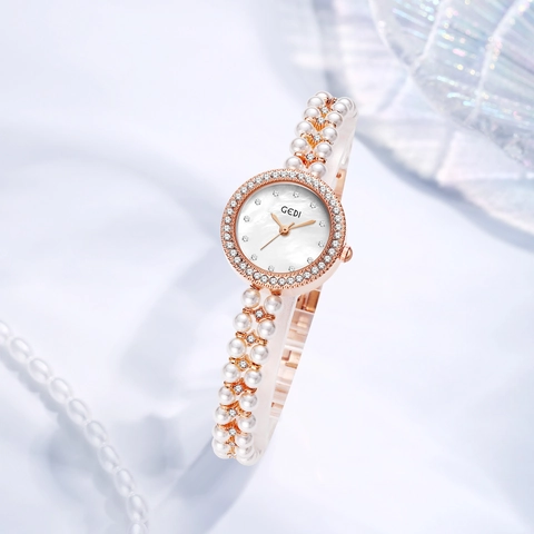 GEDI Elegant Women Quartz Watch With Double Row Artificial Pearl Bracelet Strap Luxury Rhinestone Round Dial Ladies Wristwatch