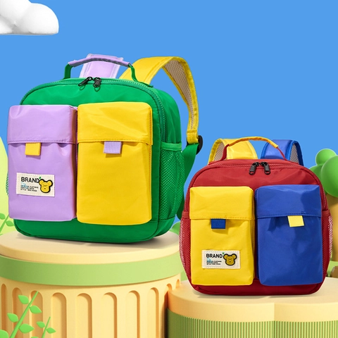 Sac À Dos Enfant Nylon Ours Dessin Animé Color Block Multi Poches Léger Imperméable Sac D'école Voyage Pour Tout-Petits