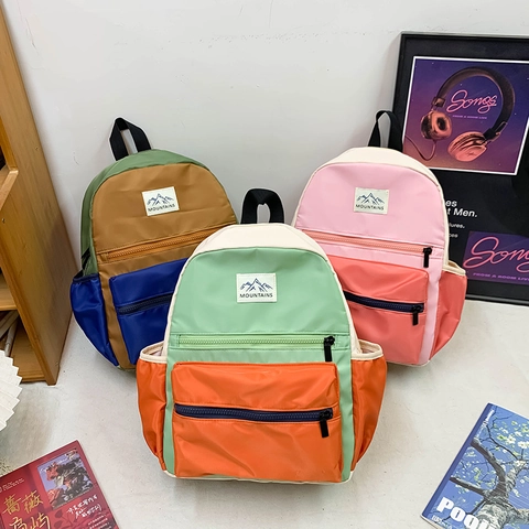 Mochila Infantil Bloque De Color Nailon Ligera Escolar Bolsa De Exterior Con Parche De Montaña Para Niños Niñas