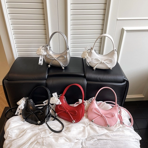 Women Sweet Crescent Shoulder Bag PU Leather Mini Handbag Artificial Pearl Lace Bow Charm Solid Color Elegant Fashion