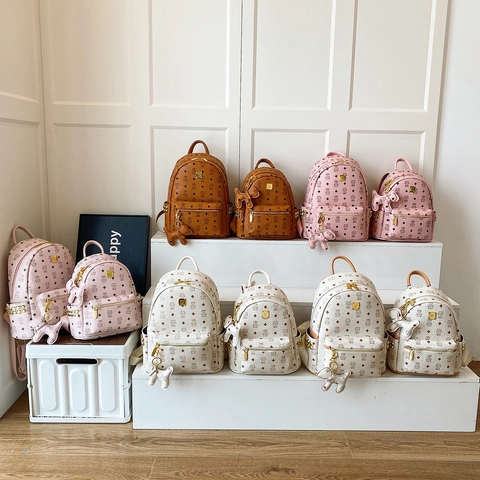 Fashion Backpack PU Leather Cat Diamond Print Monogram Rivets Large Capacity Casual Commuting Women Girls Animal Charms