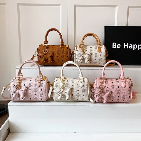 Women Boston Handbag PU Leather Cartoon Cat Print Korean Style Shoulder Bag With Cute Pendant Removable Strap