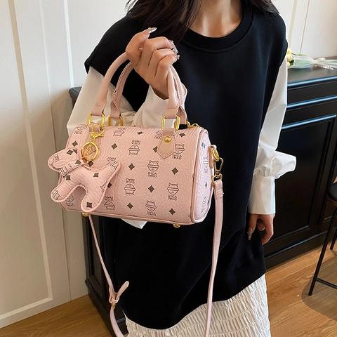 Women Boston Handbag PU Leather Cartoon Cat Print Korean Style Shoulder Bag With Cute Pendant Removable Strap