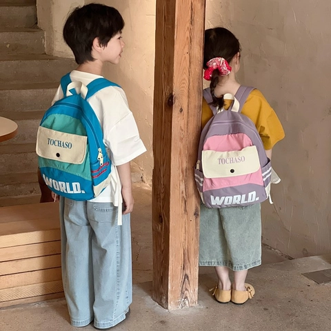 Mode Kinderrugzak Nylon Ademend Color Block Schooltas Voor Jongens Meisjes Letters Print Casual Reizen Daypack