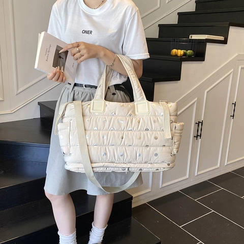 Sac Cabas Matelassé À Pois Pour Femmes Nylon Grande Capacité Multi Poches Sac À Langer Voyage Sac À Main Chic