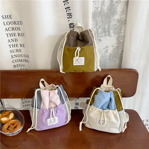 Mochila Con Cordón De Lona De Color En Contraste De Moda Coreana Con Bolsillos Laterales De Malla Para Escuela Viaje Mujeres Estudiantes
