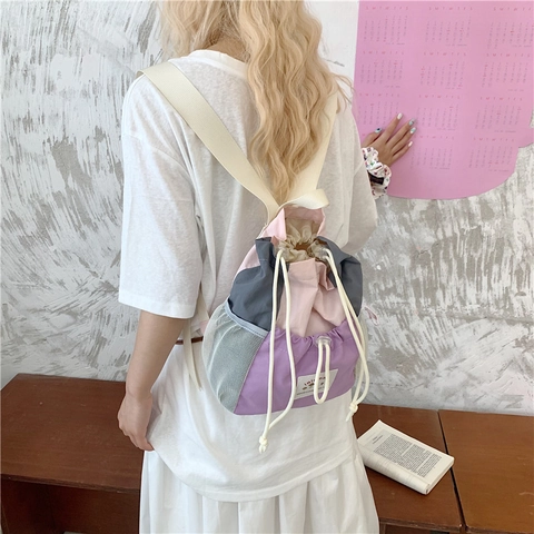 Mochila Con Cordón De Lona De Color En Contraste De Moda Coreana Con Bolsillos Laterales De Malla Para Escuela Viaje Mujeres Estudiantes