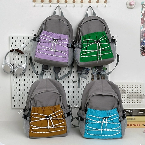 Mochila Para Niños Nylon Color En Contraste Gran Capacidad Mochila Escolar Para Niños Niñas Aire Libre Informal Deporte Con Cordón