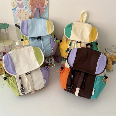 Zaino In Tela A Colore Contrastante Per Ragazze Carino Zainetto Con Coulisse Tasche Laterali Viaggio Casual