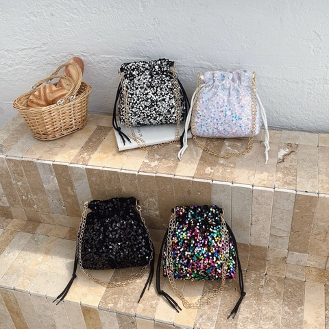 Sequin Bucket Bag Drawstring Shoulder Bag With Metal Chain Strap Fashion Shiny Evening Party Crossbody