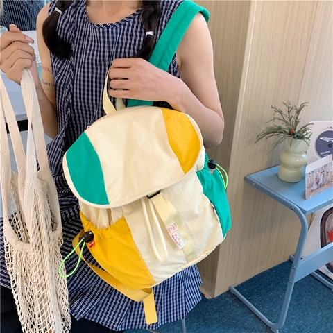 Zaino In Tela A Colore Contrastante Per Ragazze Carino Zainetto Con Coulisse Tasche Laterali Viaggio Casual