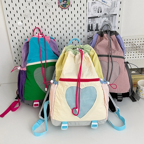 Kids Backpack Nylon Heart Mesh Pocket Patchwork Drawstring School Bag For Boys Girls Sweet Trendy Large Capacity Travel
