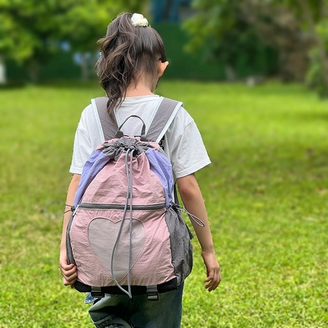 Kids Backpack Nylon Heart Mesh Pocket Patchwork Drawstring School Bag For Boys Girls Sweet Trendy Large Capacity Travel