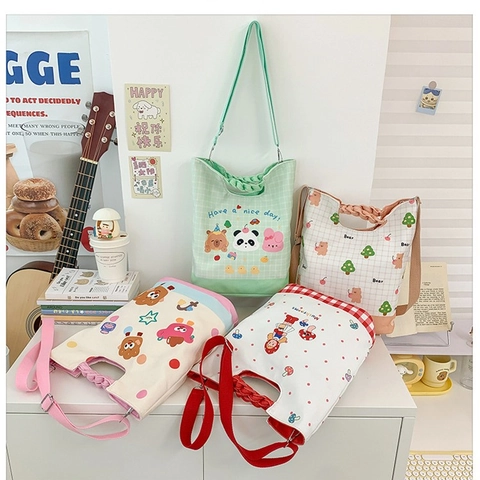 Kids Shoulder Bag Canvas Composite Fabric Cartoon Bear Mushroom Print Braided Handle Adjustable Strap Japanese Cute