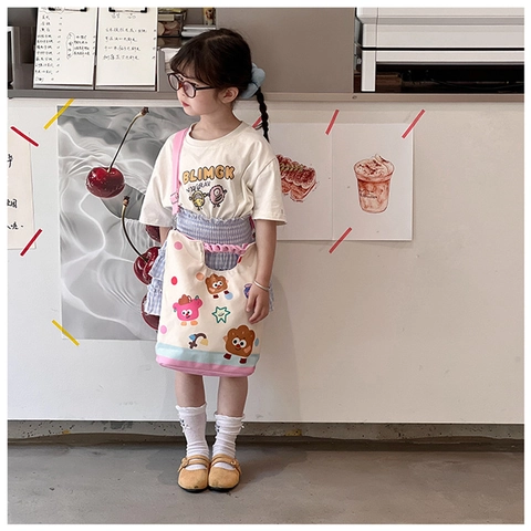 Kids Shoulder Bag Canvas Composite Fabric Cartoon Bear Mushroom Print Braided Handle Adjustable Strap Japanese Cute