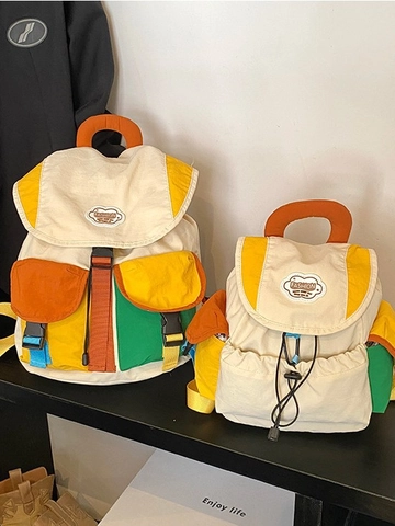 Fashion Color-Block Nylon Backpack Korean Style Drawstring Schoolbag For Women Students Casual Lightweight Travel Bag