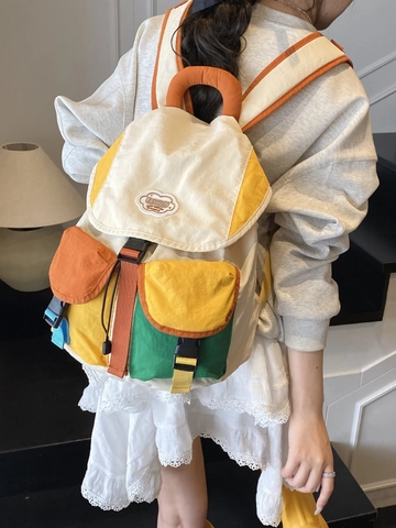 Fashion Color-Block Nylon Backpack Korean Style Drawstring Schoolbag For Women Students Casual Lightweight Travel Bag