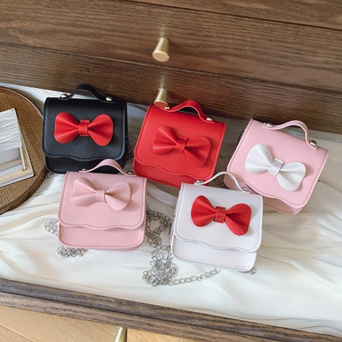 Kids Mini Shoulder Bag PU Leather Bowknot Chain Strap Sweet Fashion Handbag For Girls