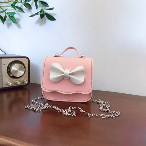 Kids Mini Shoulder Bag PU Leather Bowknot Chain Strap Sweet Fashion Handbag For Girls