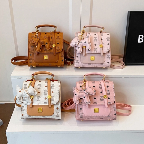Mini Zaino Donna Pelle PU Stampa Gatto Monogramma Motivo A Rombi Patta Multifunzionale Con Simpatico Pendente Animale
