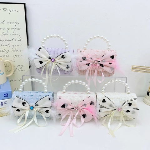 Girls Tweed Crossbody Bag Artificial Pearl Beads Heart Bow Gemstone Princess Party Small Handbag Elegant Shoulder Bag