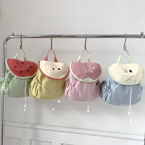 Kids Fruit Backpack Nylon Cute Cartoon Schoolbag For Girls Breathable Drawstring Adjustable Straps Macaron Color