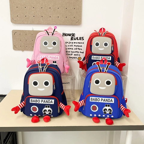 Kinder Rucksack Nylon Cartoon Roboter Panda Design Atmungsaktiv Große Kapazität Trendige Schultasche Für Jungen Mädchen