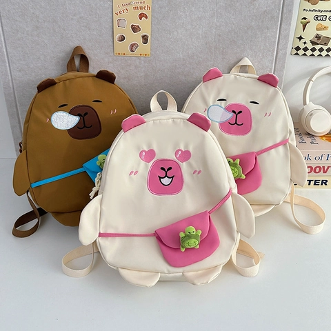 Zaino Per Bambini Capibara Cartone Animato Carino Grande Capacità Nylon Borsa Scuola Studenti Con Ciondolo Tartaruga Verde
