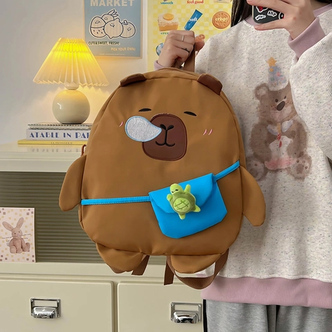 Zaino Per Bambini Capibara Cartone Animato Carino Grande Capacità Nylon Borsa Scuola Studenti Con Ciondolo Tartaruga Verde