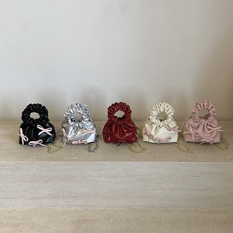 Bolso De Mano Mini Niñas Cuero PU Lazo Asa Fruncida Bolso De Hombro Niños Princesa Dulce Nube Con Cadena
