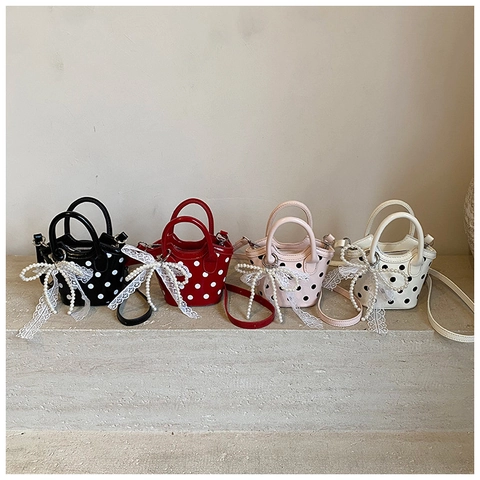 Kids Girls Mini Polka Dot Crossbody Bag PU Leather Pearl Lace Bowknot Small Handbag Child Sweet Fashion Shoulder Bag