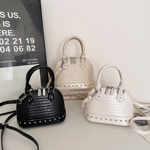 Mini Bolso De Mano Tipo Concha Estampado Cocodrilo Cuero PU Bolso Bandolera Con Decoración De Remaches Asa Correa Ajustable Para Mujer