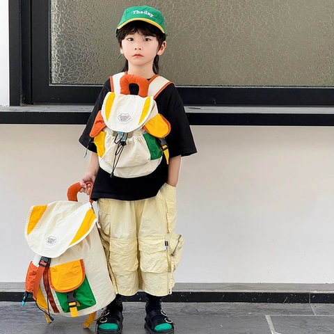 Kids Color Block Backpack Nylon Breathable School Bag For Boys Girls Kindergarten Elementary Fashion Cute Outdoor Travel