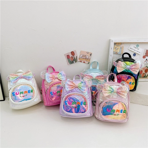 Kids Mini Backpack Holographic PU Leather Sequin Bow Quilted Kindergarten Schoolbag Cute Fashion For Girls Boys