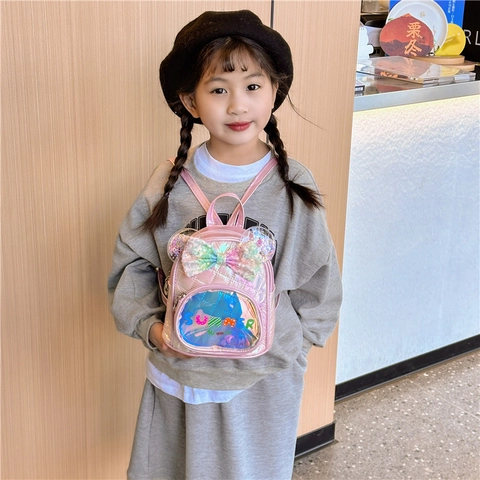 Kids Mini Backpack Holographic PU Leather Sequin Bow Quilted Kindergarten Schoolbag Cute Fashion For Girls Boys